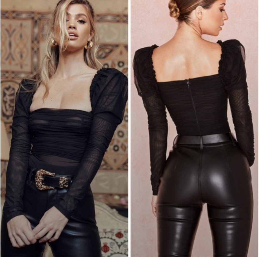 House of CB Black Sheer Ruched Square-Neck Bodysuit